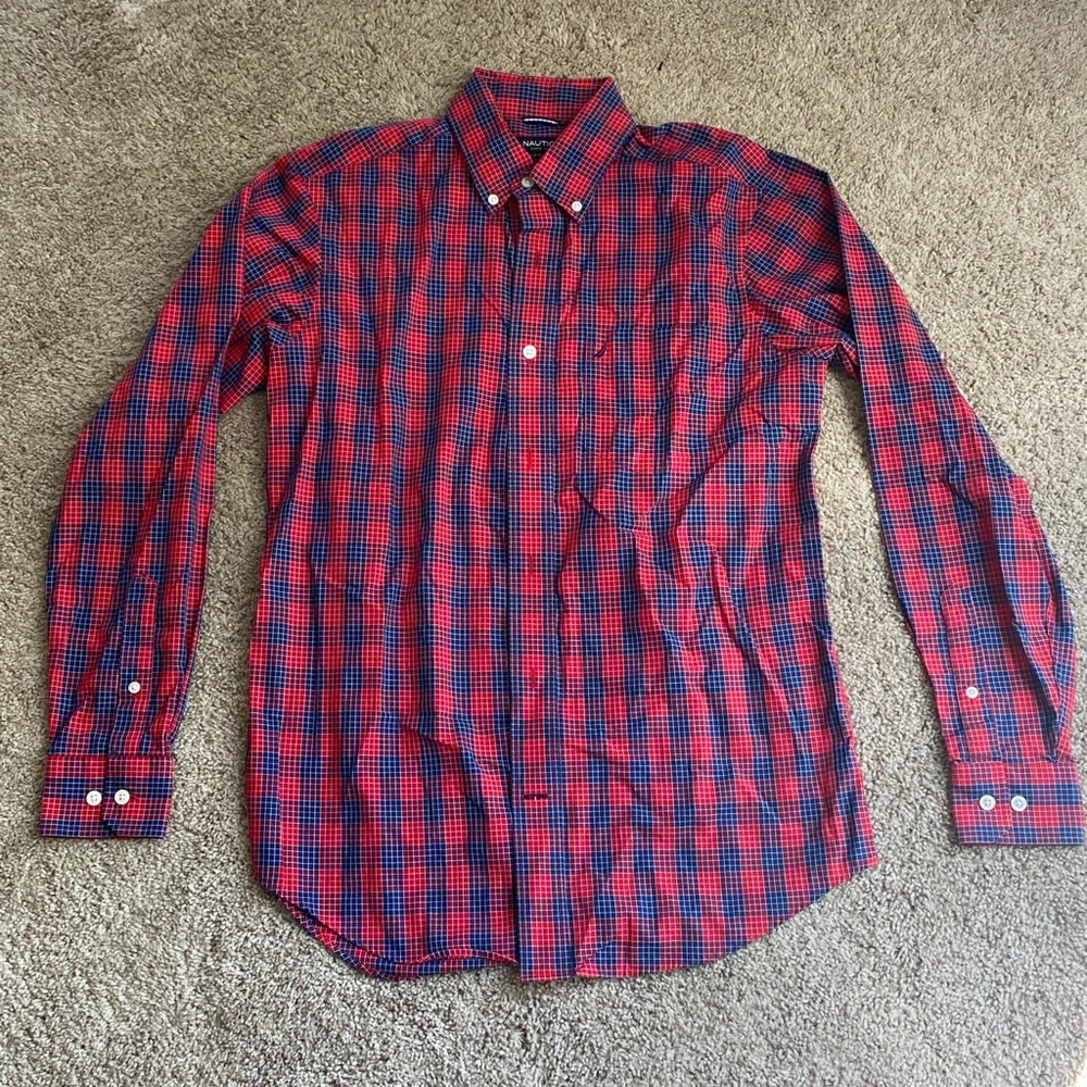 Red and Blue Checkered Nautica Long Sleeve Dress Shirt — size S — 100% Cotton